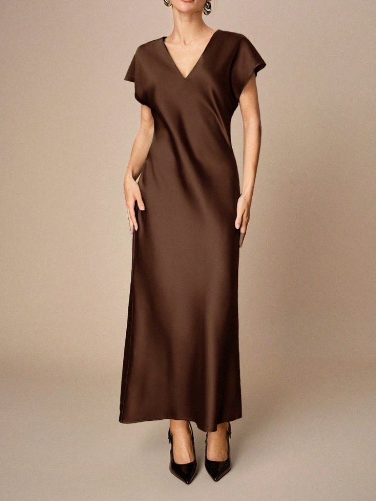 Brown V-Neck Midi Dress With Cap Sleeves